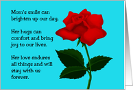Mother’s Birthday Card with Rose and Mom’s Smile, Hugs and Love. card