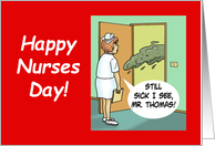 Funny Nurses Day Cartoon with a Sick Patient Throwing Up card