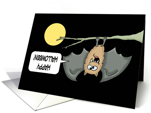 Halloween Card with a Cute Cartoon Bat Hanging From a Branch card