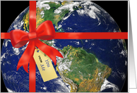 Christmas Card With a Ribbon and Bow Around The World card