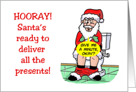 Humorous Adult Christmas Card with Santa on the Toilet. card