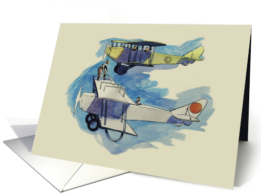 Blank Note Card With a Watercolor Painting of Vintage Airplanes card