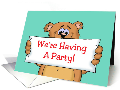 Party Invitation with a Cartoon Bear and a Banner on the Front card
