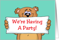 Party Invitation with a Cartoon Bear and a Banner on the Front card