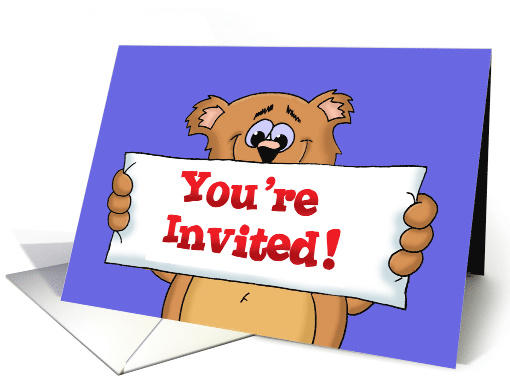 Party Invitation with a Cartoon Bear and a Banner on the Front card