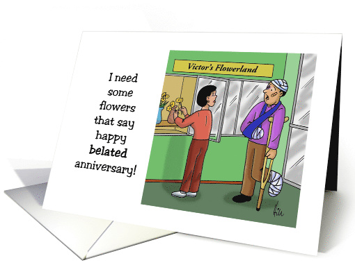 Anniversary Card with a Man on Crutches in a Flower Shop. card