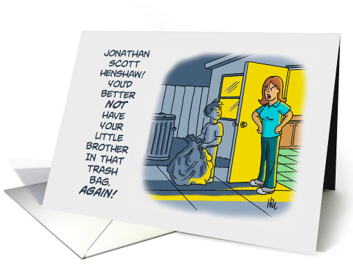 Mother's Day Card with Cartoon of Son Taking Out the Trash card