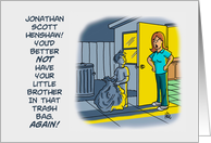 Mother’s Day Card with Cartoon of Son Taking Out the Trash card