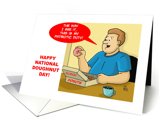 National Doughnut Day Card with Cartoon of a Man Eating Donuts card
