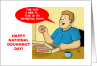 National Doughnut Day Card with Cartoon of a Man Eating Donuts card