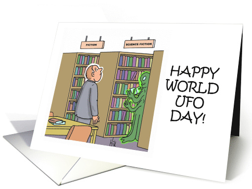 World UFO Day card with Cartoon of Alien in Library card (1483406)