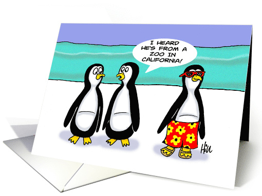 Humorous Penguin Awareness Day Card with Penguin in Swimsuit card