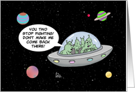 World UFO Day Card with a Cartoon of Aliens in a Spacehip card