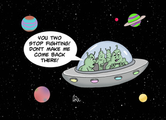 World UFO Day Card with a Cartoon of Aliens in a Spacehip