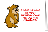 Birthday Card with a Cartoon Bear Looking At All The Candles card