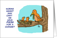 Humorous Blank Note Card with Two Baby Birds Complaining to Mom card