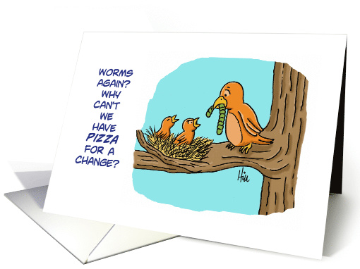 Humorous National Bird Feeding Month with Babies Complaining card
