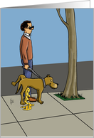 Humorous Blank Note Card with Seeing Eye Dog Peeing on Owner card