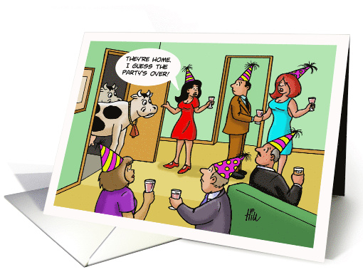 Humorous New Year's Card with a Cartoon Of a Party and Cows card