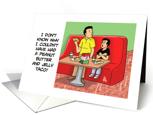 National Taco Day Card With a Cartoon of a Boy and Dad Eating card