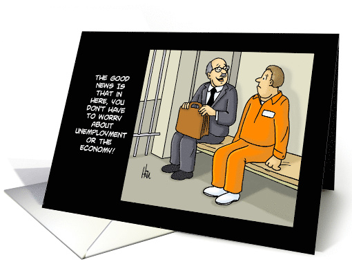 Humorous Law Day Card with a Cartoon of a Lawyer and Prisoner card