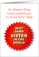 Sister’s Day Card with an Image of a Badge, Best Damn Sister card