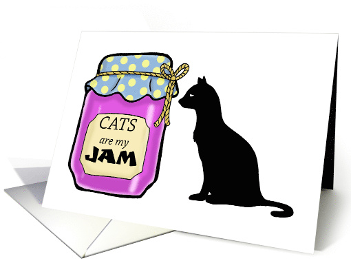 National Cat Day Card with a Jar of Jam and a Silhouette of a Cat card