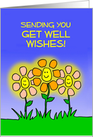 Get Well Card with Smiling Cartoon Flowers Sending Get Well Wishes card