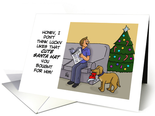 Humorous Christmas Card With Cartoon About Dog Chewing Santa Hat card