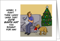 Humorous Christmas Card With Cartoon About Dog Chewing Santa Hat card