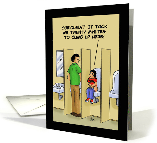 Funny Blank Note Card With Cartoon Of Boy Sitting On Urinal card