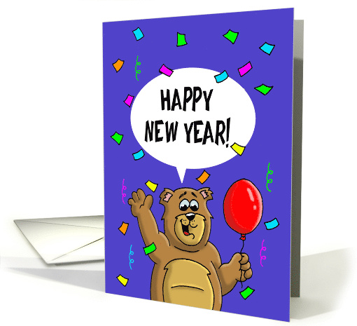 New Year's Card With A Cartoon Bear, Confetti and Streamers card