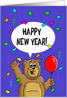 New Year’s Card With A Cartoon Bear, Confetti and Streamers card