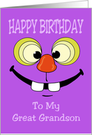 Birthday Card For A Young Great Grandson With A Silly Face On Purple card