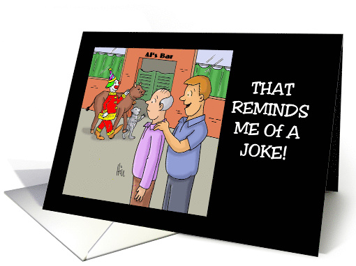 Blank Note Card With A Clown, Bull and A lemur Going Into A Bar card