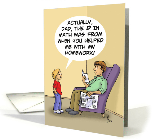 Humorous Father's Day Card With Son Giving Report Card To Dad card