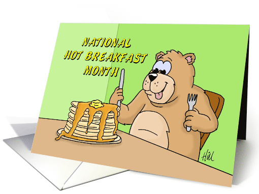 National Hot Breakfast Month Card With Cartoon Bear And Pancakes card