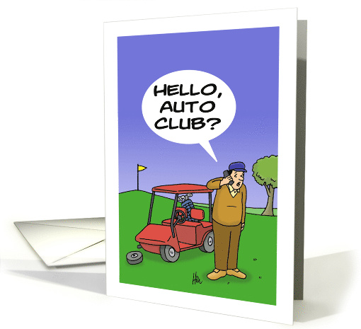 Humorous Blank Note Card With A Golf Cartoon With A Golf Cart card