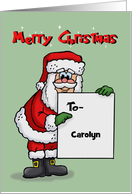 Custom Name Christmas Card With A Cartoon Santa Holding A Sign card