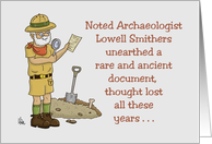 Humorous Birthday Card With Archaeologist Finding Birth Certificate card