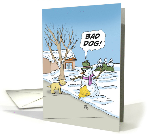 Humorous Blank Note Card With Snowman Yelling At Dog Who Peed card