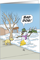 Humorous Blank Note Card With Snowman Yelling At Dog Who Peed card