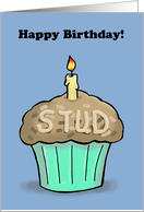 Birthday Card For Him With A Cartoon Of A Muffin Labeled Stud card