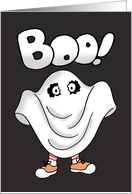 Cute Halloween Card With A Little Kid Dressed As A Ghost Saying Boo card