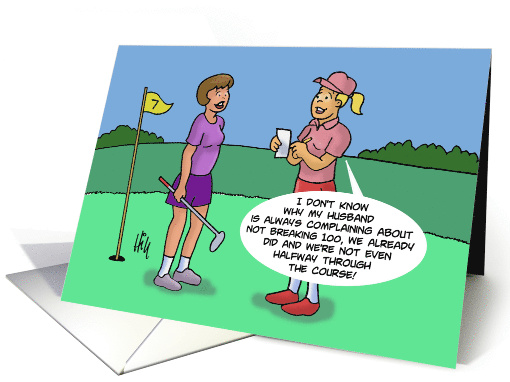 Humorous Blank Note Card With Female Golfers Breaking 100 card
