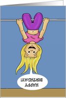Cute Birthday Card With Cartoon Girl Hanging Upside Down card