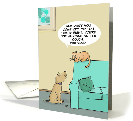 National Cat Day Card With Cat Taunting Dog About The Couch card
