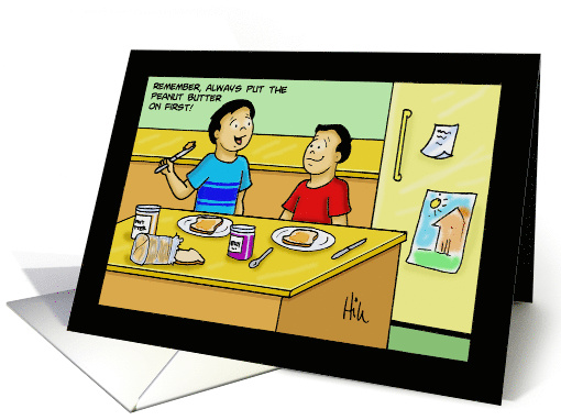 Blank Note Card With Cartoon Of Two Brothers Making PBnJ Sandwich card