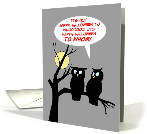 Humorous Halloween Card with Two Owls on a Tree Branch At Night card