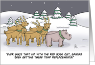 Humorous Christmas Card With Hippo Leading Santa’s Reindeer card